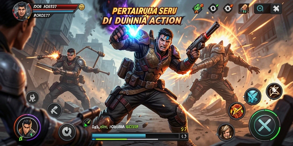 Tampilan antarmuka POROS77 menunjukkan aksi mendebarkan dan karakter bertarung.